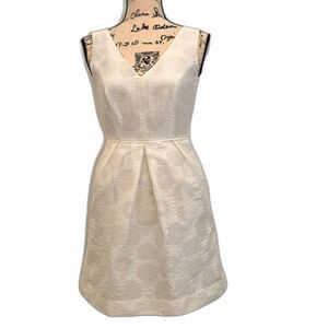 J. Crew Jacquard V Neck Dress 00 Ivory Pockets Pleated Textured A Line Sleeveles